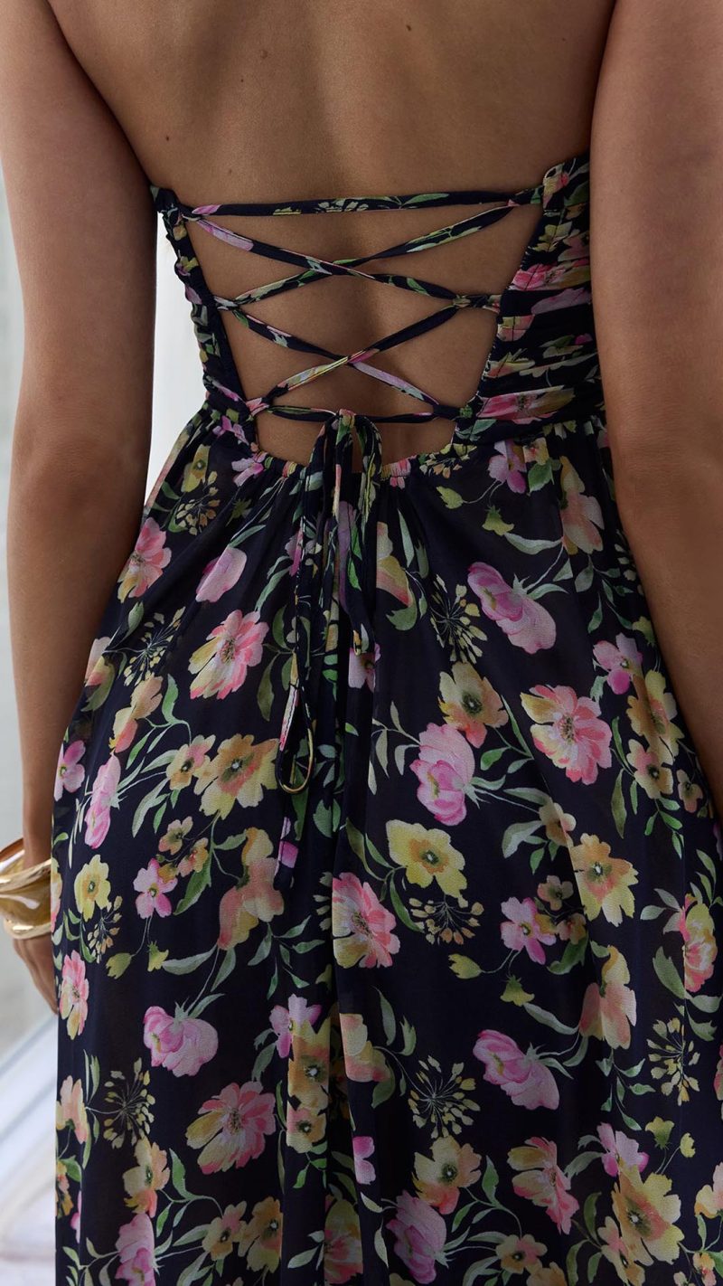 Black Floral Strapless Lace-Up Back Maxi Dress
