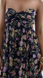 Black Floral Strapless Lace-Up Back Maxi Dress
