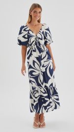 Navy Abstract Puff-Sleeve Tie Ruffle-Hem Maxi Dress