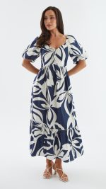 Navy Abstract Puff-Sleeve Tie Ruffle-Hem Maxi Dress