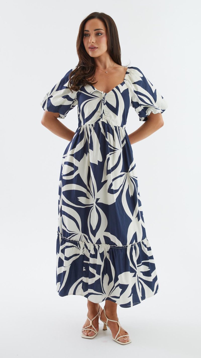 Navy Abstract Puff-Sleeve Tie Ruffle-Hem Maxi Dress