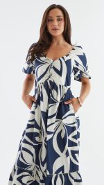 Navy Abstract Puff-Sleeve Tie Ruffle-Hem Maxi Dress