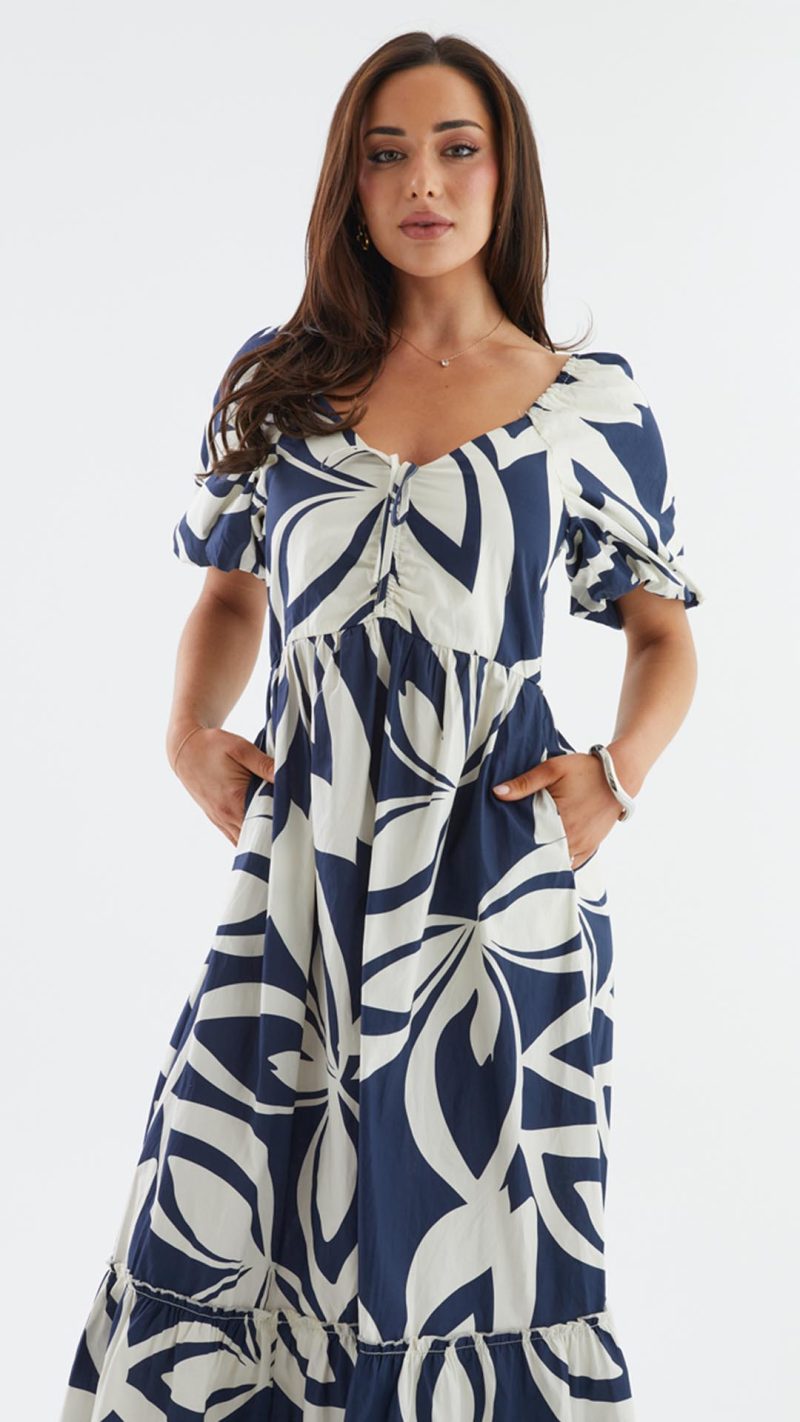 Navy Abstract Puff-Sleeve Tie Ruffle-Hem Maxi Dress