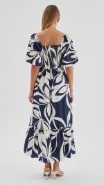 Navy Abstract Puff-Sleeve Tie Ruffle-Hem Maxi Dress