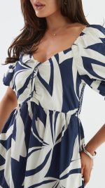 Navy Abstract Puff-Sleeve Tie Ruffle-Hem Maxi Dress