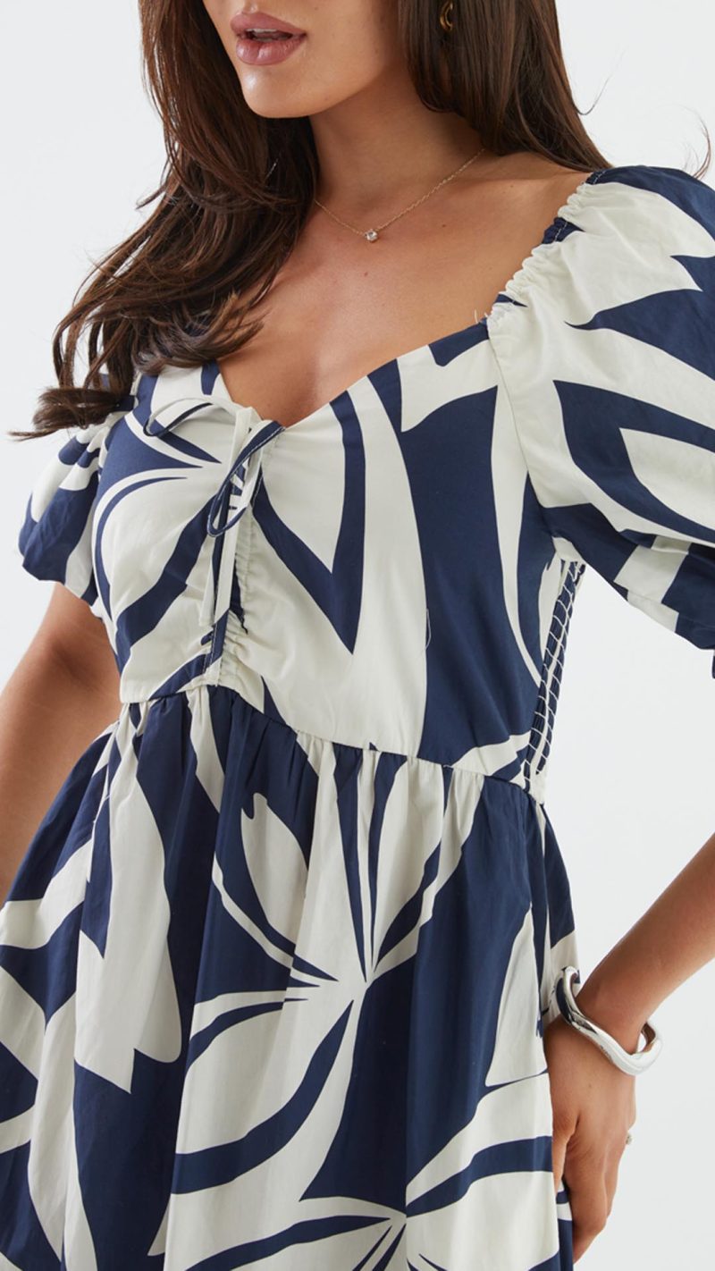 Navy Abstract Puff-Sleeve Tie Ruffle-Hem Maxi Dress