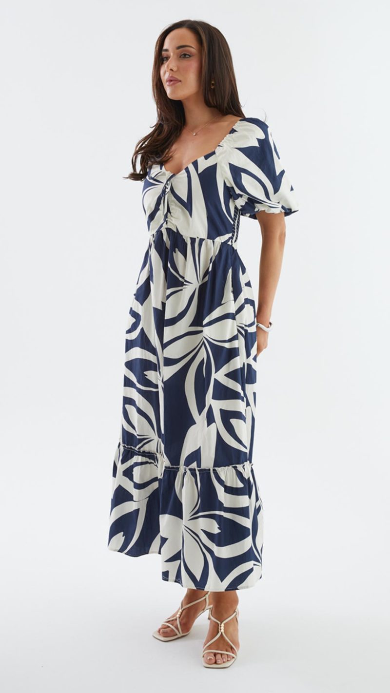 Navy Abstract Puff-Sleeve Tie Ruffle-Hem Maxi Dress