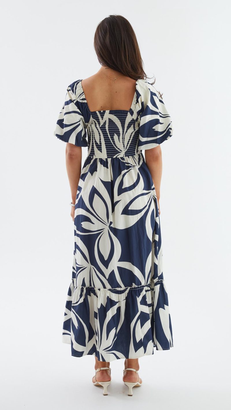 Navy Abstract Puff-Sleeve Tie Ruffle-Hem Maxi Dress