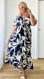 Navy Abstract Puff-Sleeve Tie Ruffle-Hem Maxi Dress