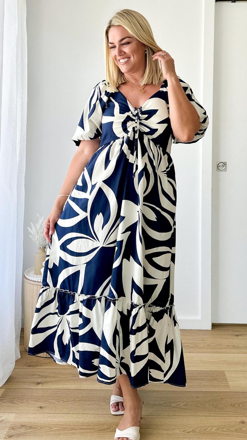 Navy Abstract Puff-Sleeve Tie Ruffle-Hem Maxi Dress
