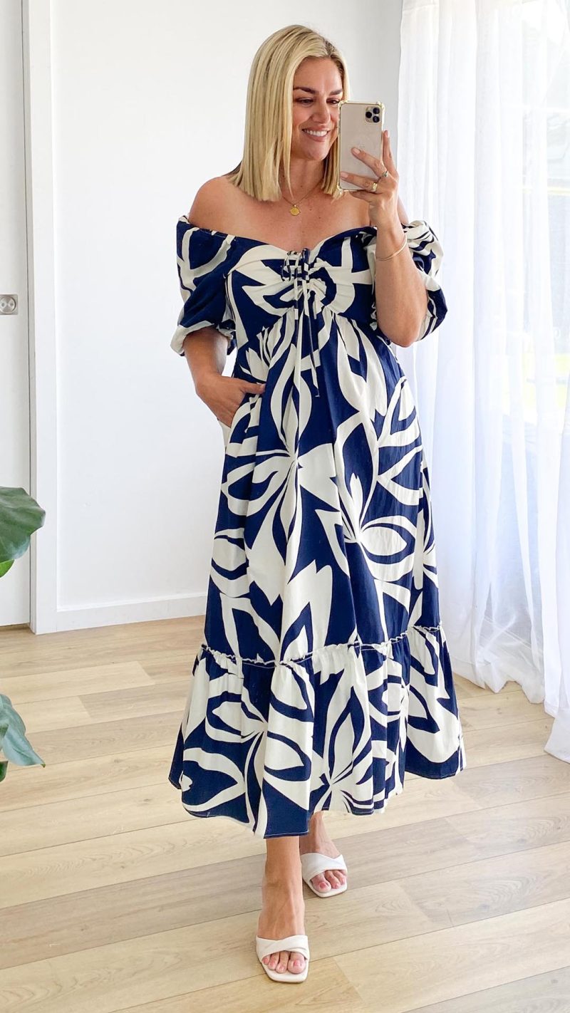 Navy Abstract Puff-Sleeve Tie Ruffle-Hem Maxi Dress