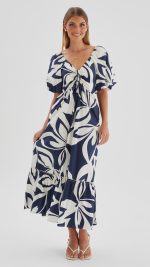Navy Abstract Puff-Sleeve Tie Ruffle-Hem Maxi Dress