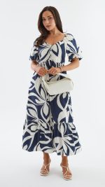 Navy Abstract Puff-Sleeve Tie Ruffle-Hem Maxi Dress