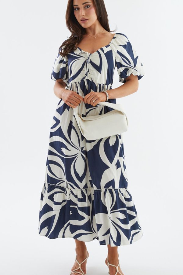 Navy Abstract Puff-Sleeve Tie Ruffle-Hem Maxi Dress