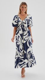 Navy Abstract Puff-Sleeve Tie Ruffle-Hem Maxi Dress