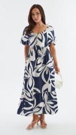 Navy Abstract Puff-Sleeve Tie Ruffle-Hem Maxi Dress