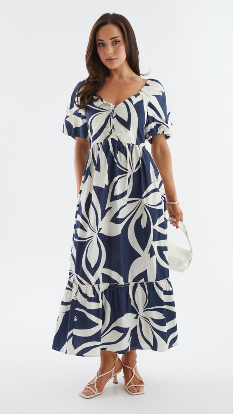 Navy Abstract Puff-Sleeve Tie Ruffle-Hem Maxi Dress