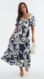 Navy Abstract Puff-Sleeve Tie Ruffle-Hem Maxi Dress