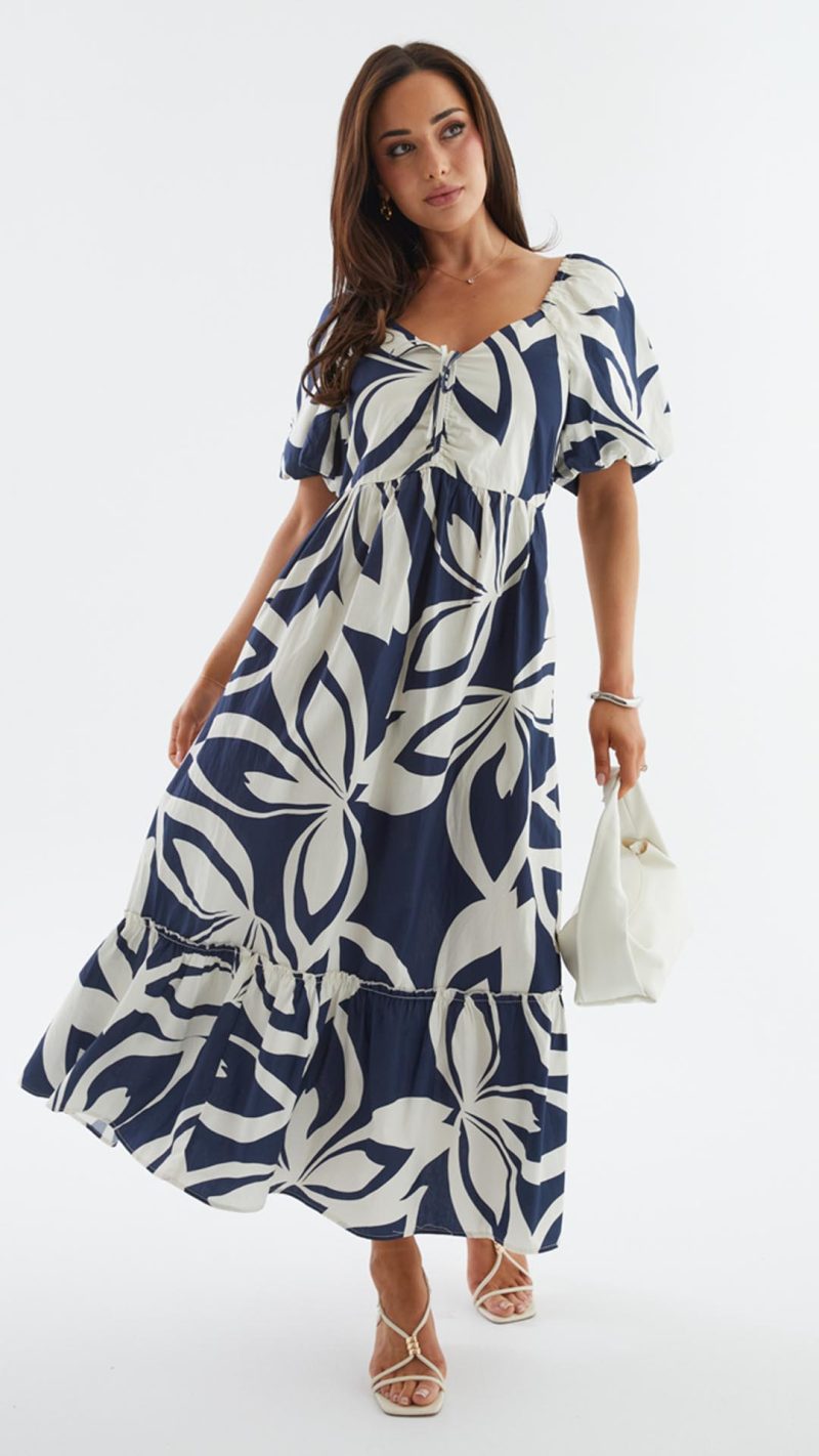 Navy Abstract Puff-Sleeve Tie Ruffle-Hem Maxi Dress
