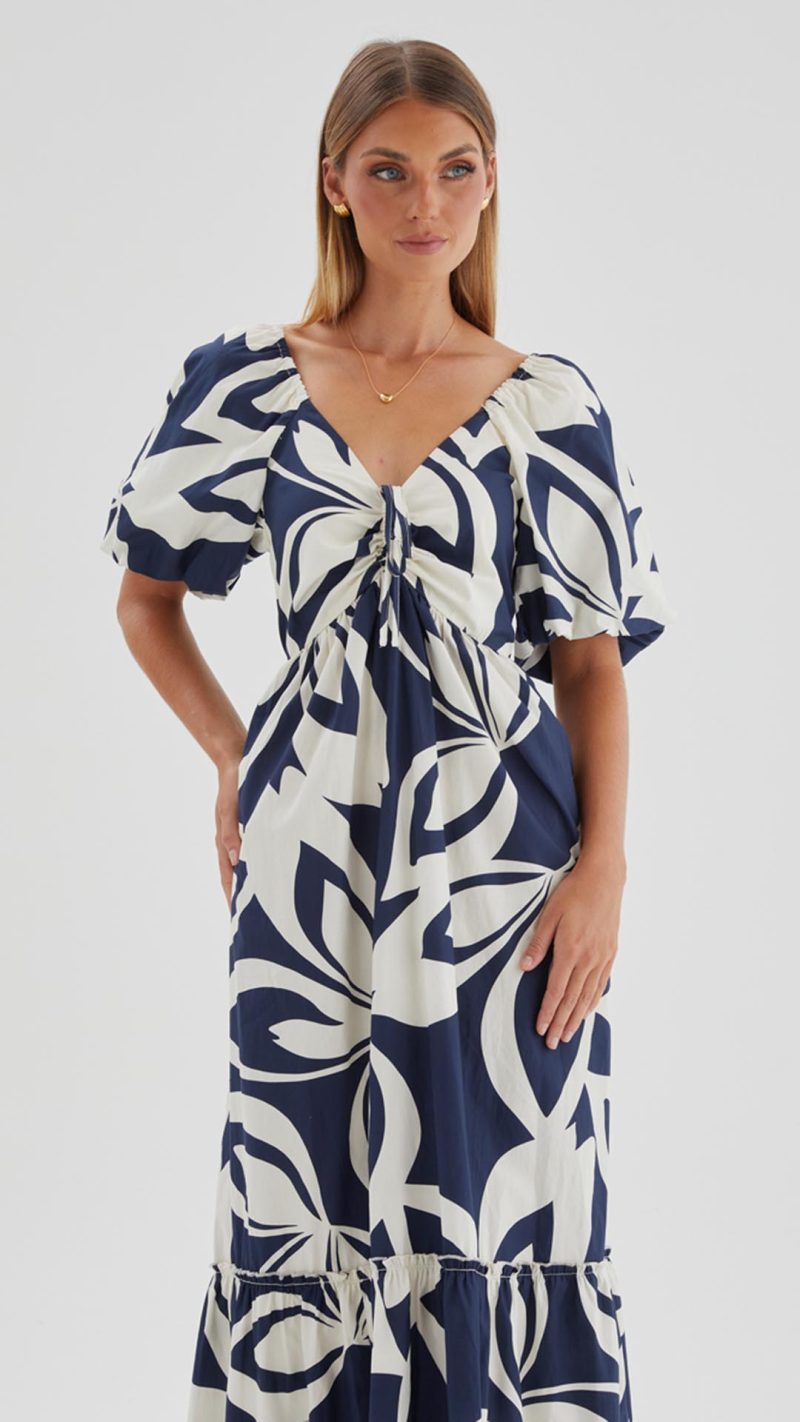 Navy Abstract Puff-Sleeve Tie Ruffle-Hem Maxi Dress