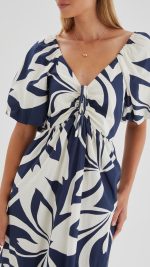 Navy Abstract Puff-Sleeve Tie Ruffle-Hem Maxi Dress