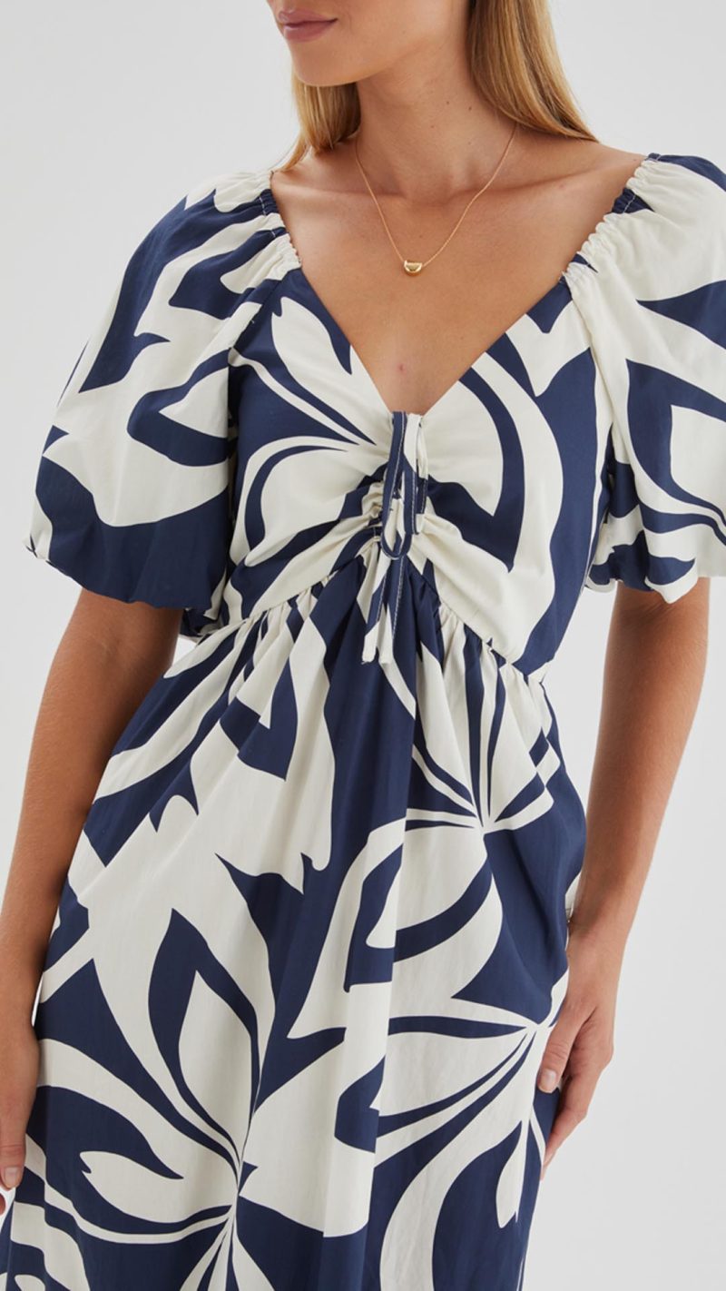 Navy Abstract Puff-Sleeve Tie Ruffle-Hem Maxi Dress