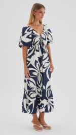Navy Abstract Puff-Sleeve Tie Ruffle-Hem Maxi Dress
