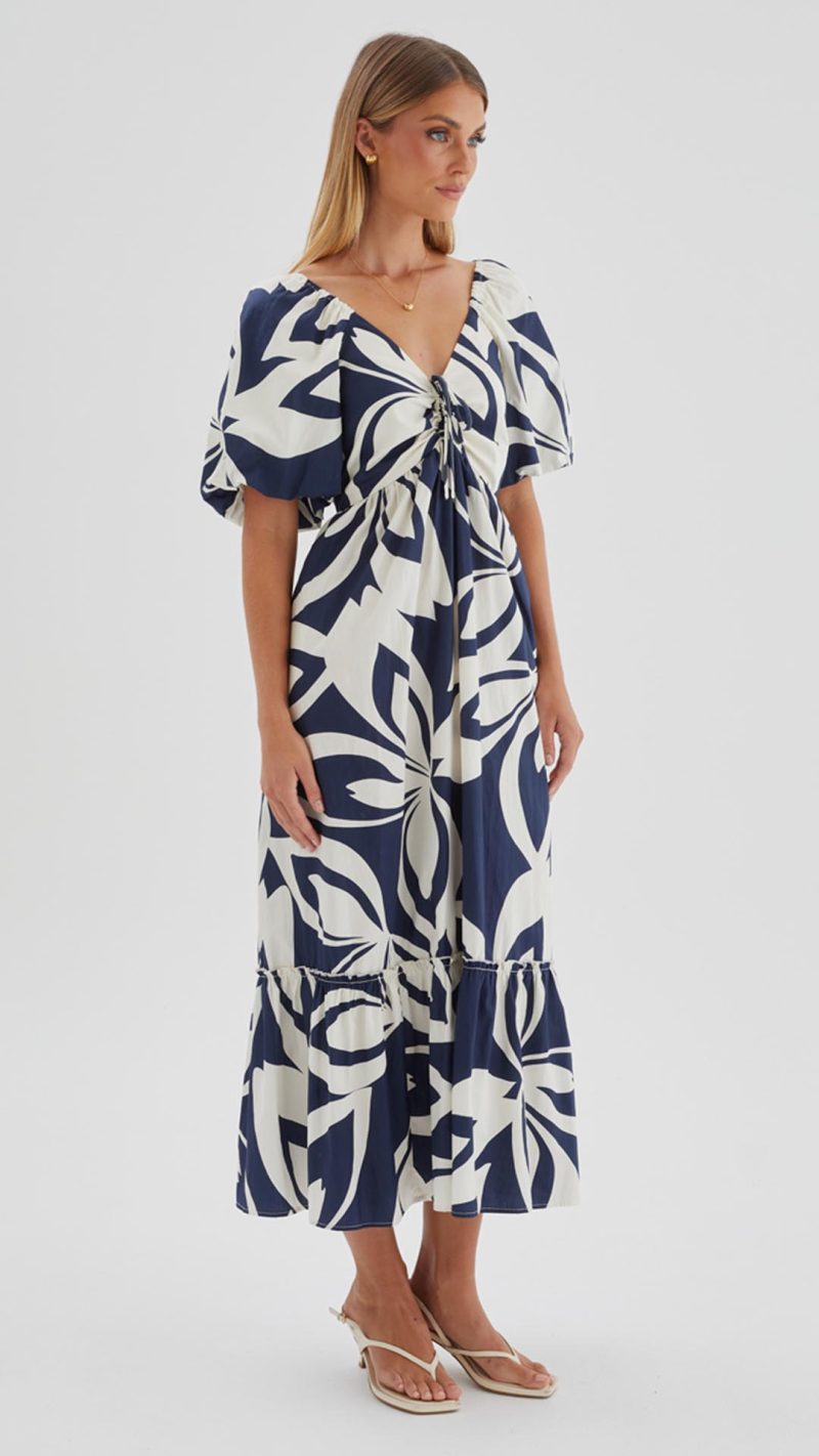 Navy Abstract Puff-Sleeve Tie Ruffle-Hem Maxi Dress