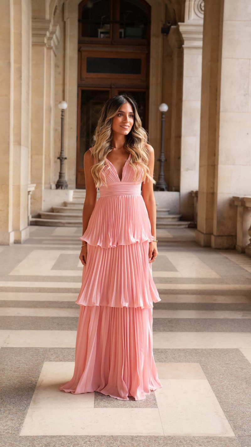 ROSA Tiered Ruched V-Neck Maxi Dress