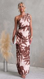 Blush/Brown Tie Split Floral One-Shoulder Maxi Dress