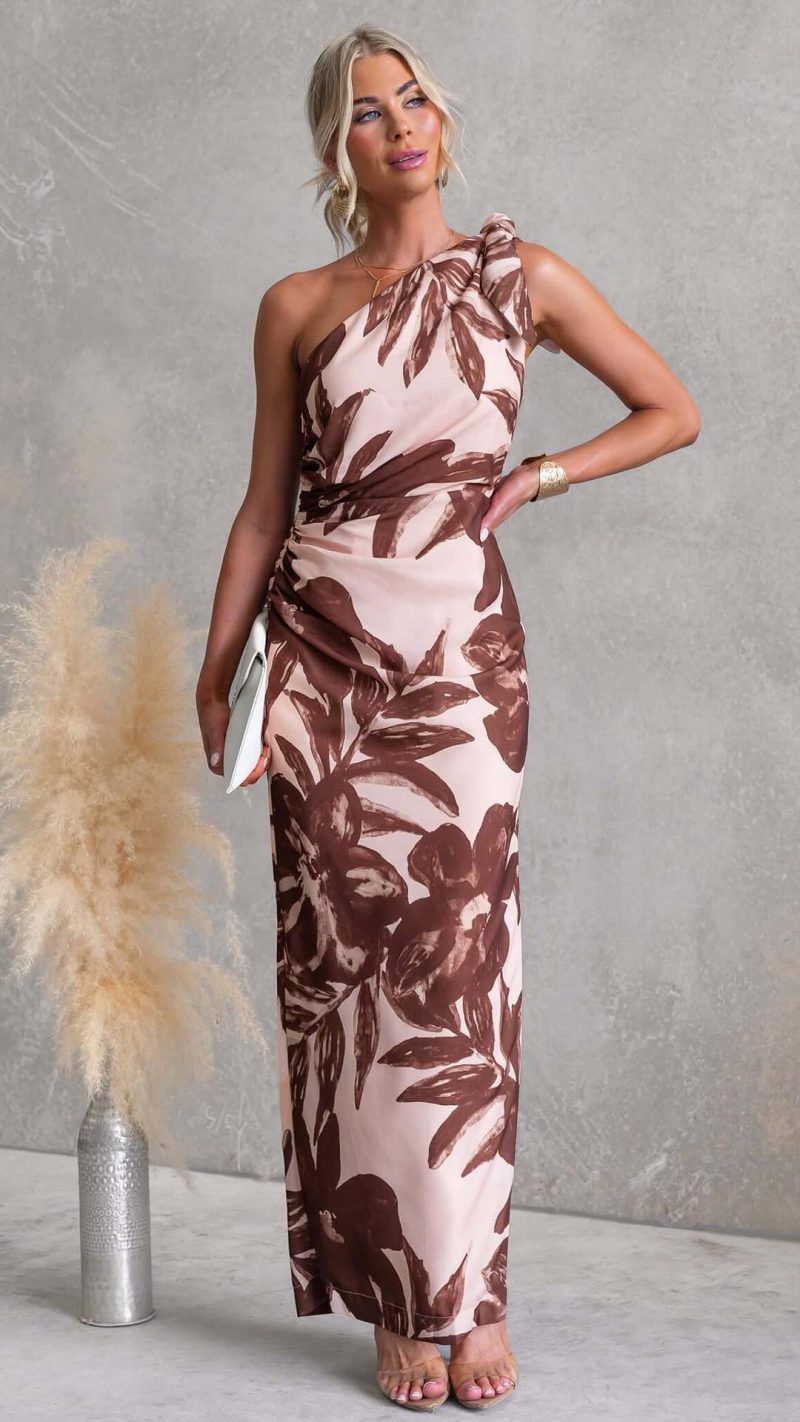 Blush/Brown Tie Split Floral One-Shoulder Maxi Dress
