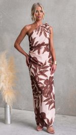 Blush/Brown Tie Split Floral One-Shoulder Maxi Dress