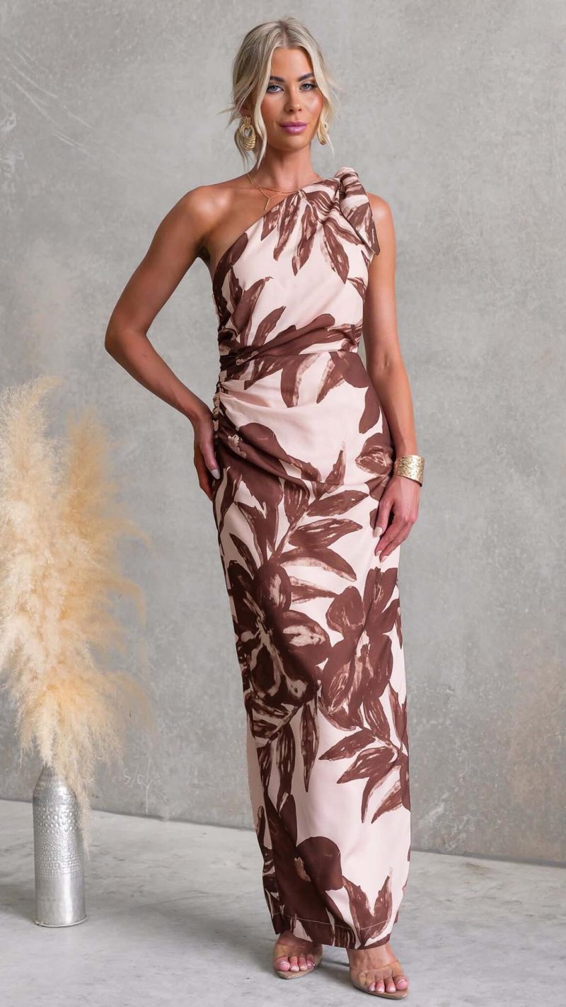 Blush/Brown Tie Split Floral One-Shoulder Maxi Dress