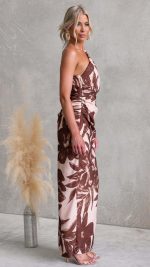 Blush/Brown Tie Split Floral One-Shoulder Maxi Dress