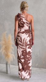 Blush/Brown Tie Split Floral One-Shoulder Maxi Dress