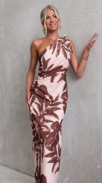 Blush/Brown Tie Split Floral One-Shoulder Maxi Dress