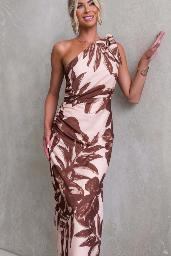 Blush/Brown Tie Split Floral One-Shoulder Maxi Dress