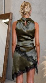 Olive/Black Lace-Trimmed Keyhole High Neck Mini Dress