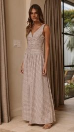 Beige Check Ruched V-Neck V-Back A-Line Maxi Dress