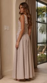 Beige Check Ruched V-Neck V-Back A-Line Maxi Dress
