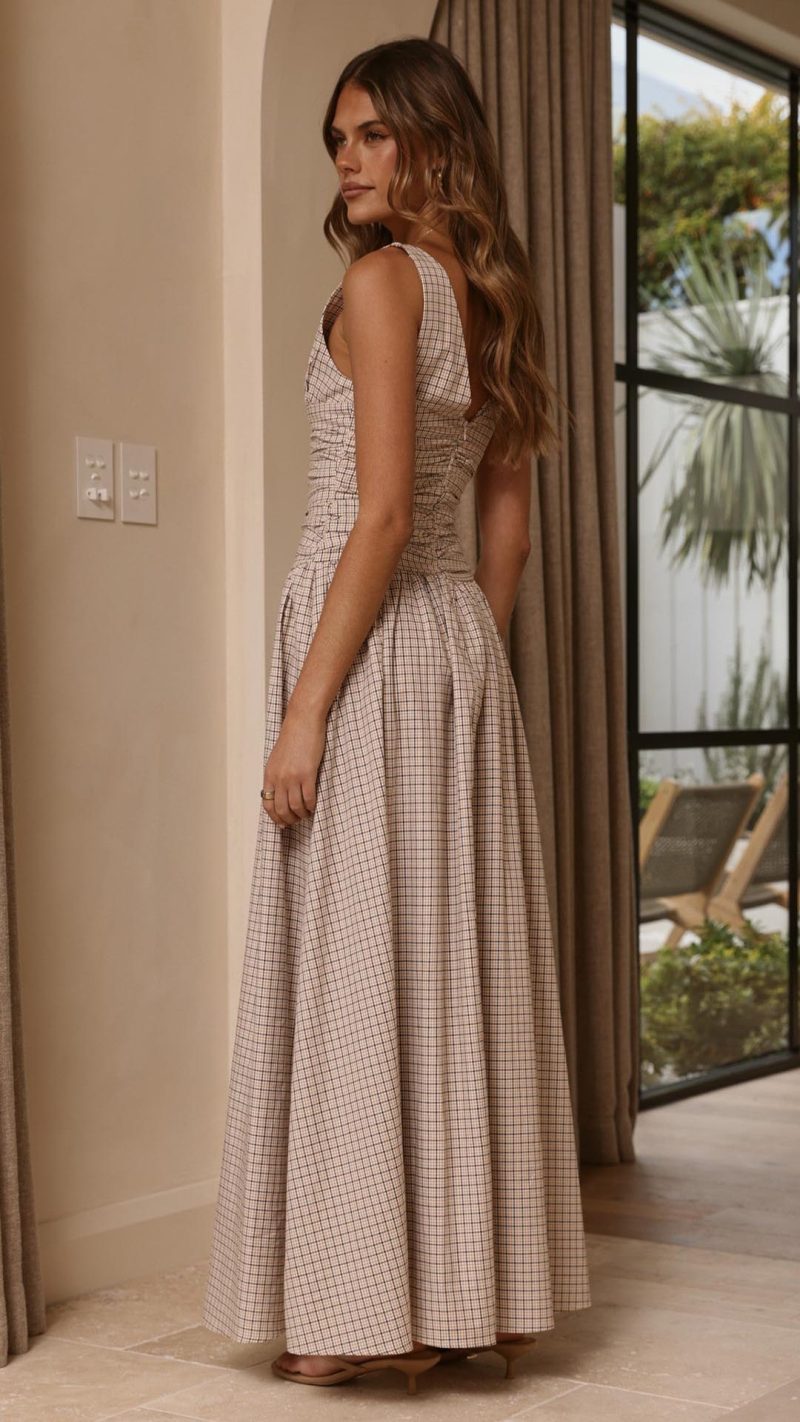 Beige Check Ruched V-Neck V-Back A-Line Maxi Dress