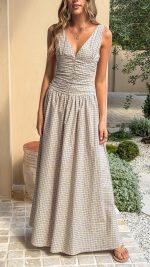 Beige Check Ruched V-Neck V-Back A-Line Maxi Dress