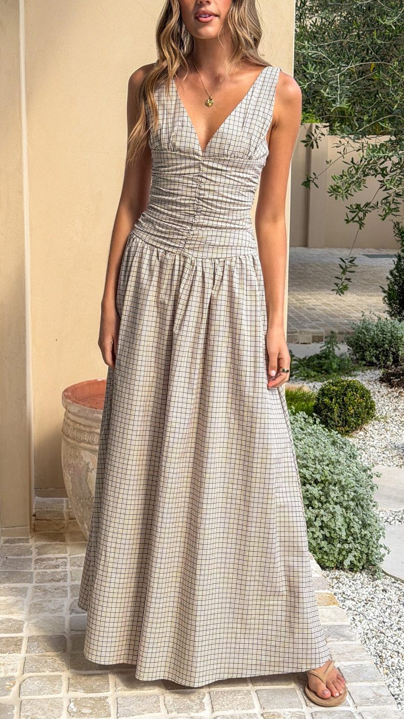 Beige Check Ruched V-Neck V-Back A-Line Maxi Dress
