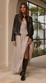 Beige Check Ruched V-Neck V-Back A-Line Maxi Dress