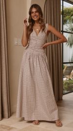 Beige Check Ruched V-Neck V-Back A-Line Maxi Dress