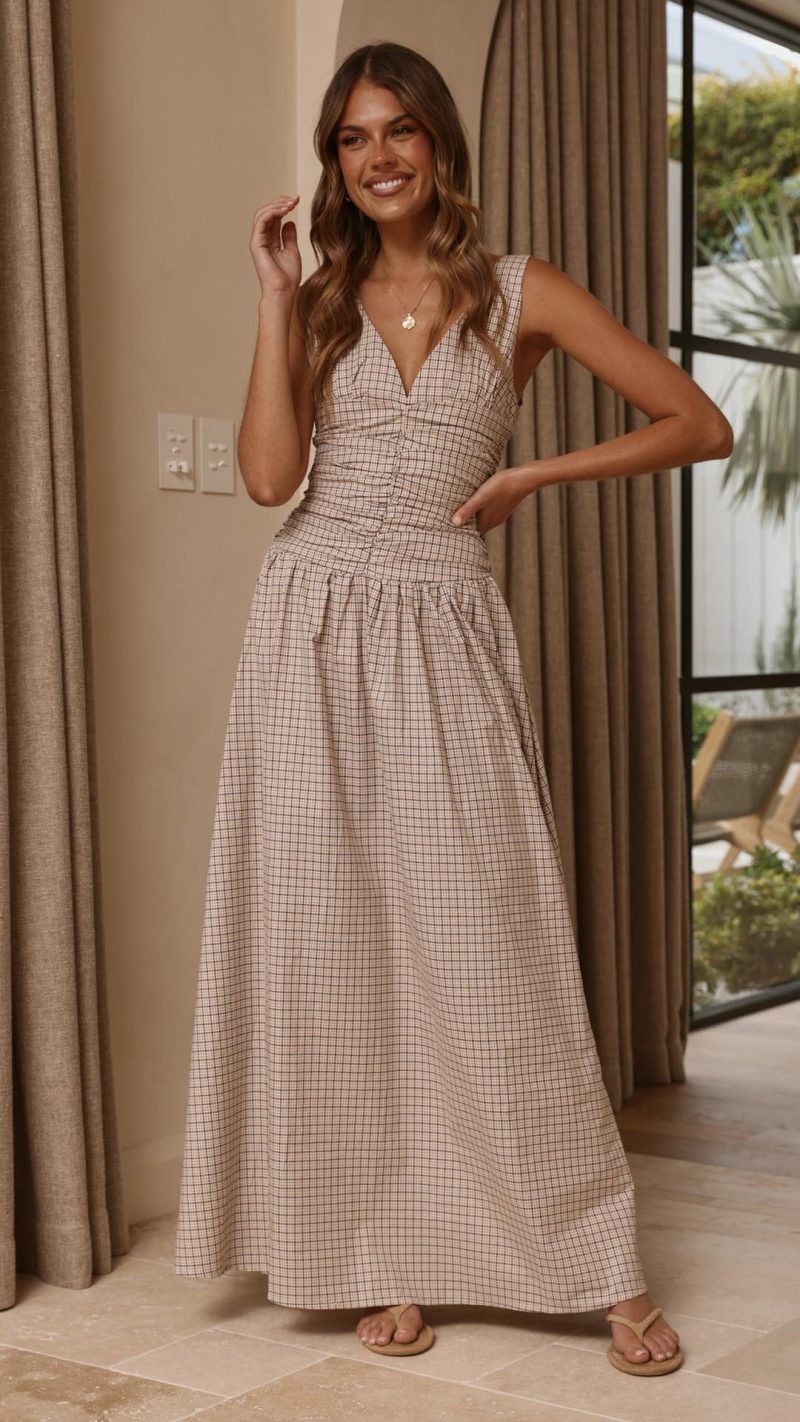 Beige Check Ruched V-Neck V-Back A-Line Maxi Dress