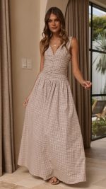 Beige Check Ruched V-Neck V-Back A-Line Maxi Dress