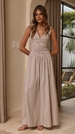 Beige Check Ruched V-Neck V-Back A-Line Maxi Dress