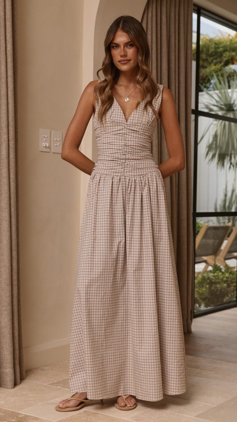 Beige Check Ruched V-Neck V-Back A-Line Maxi Dress