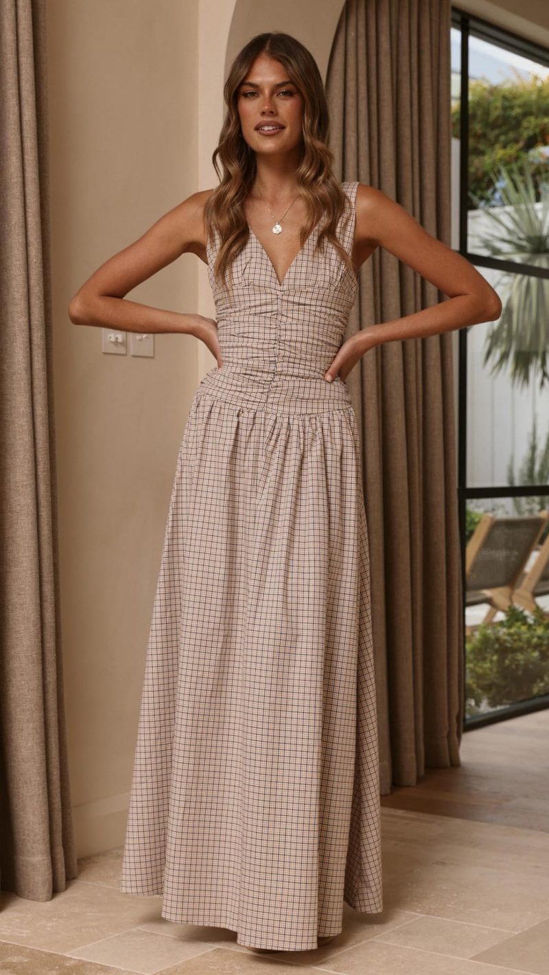 Beige Check Ruched V-Neck V-Back A-Line Maxi Dress